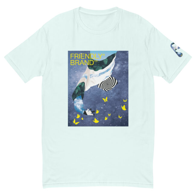 Light Blue Friendly Gear T-shirt with spiral, galaxy, and butterflies