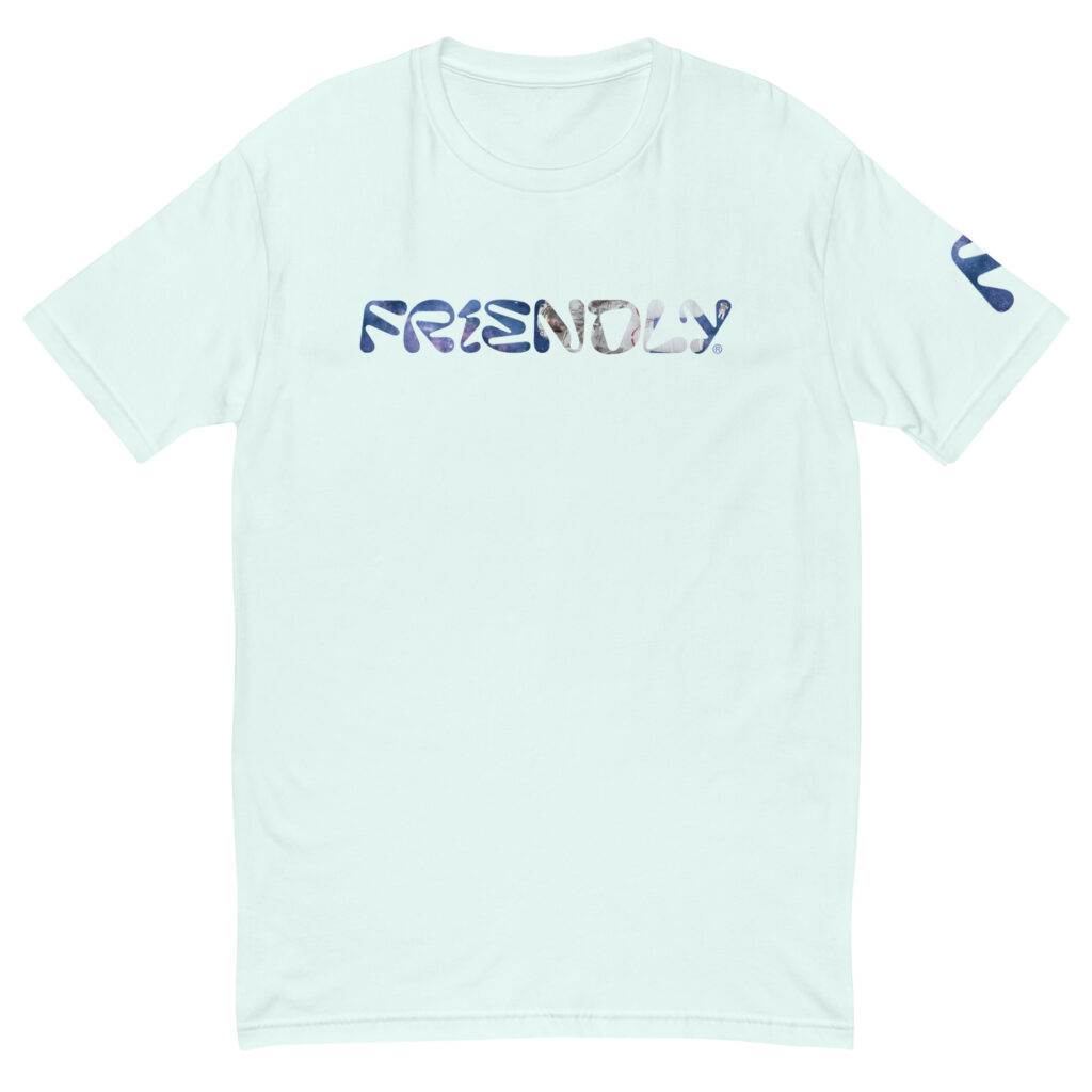 Light Blue Friendly Gear logo T-shirt with galaxy and astronaut