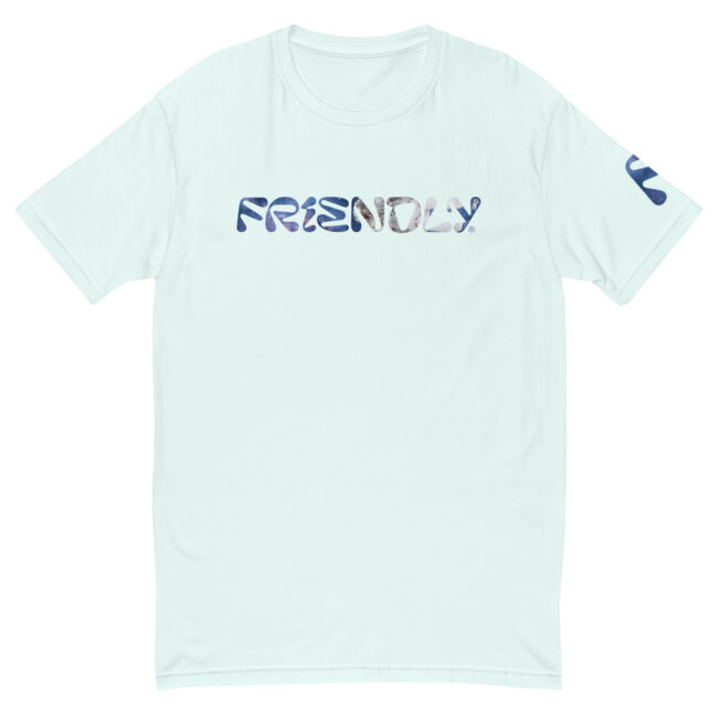 Light Blue Friendly Gear logo T-shirt with galaxy and astronaut