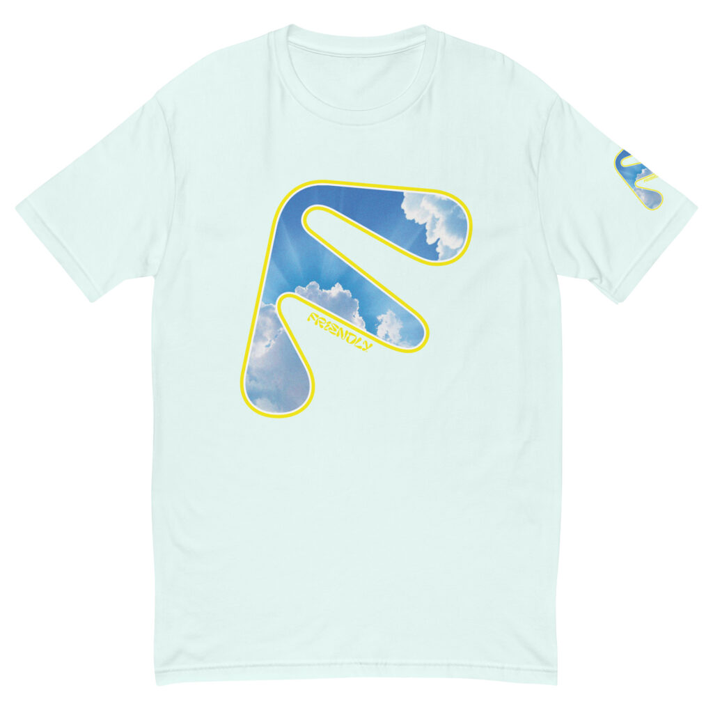 Light blue Friendly Gear T-shirt with yellow logo outline and clouds