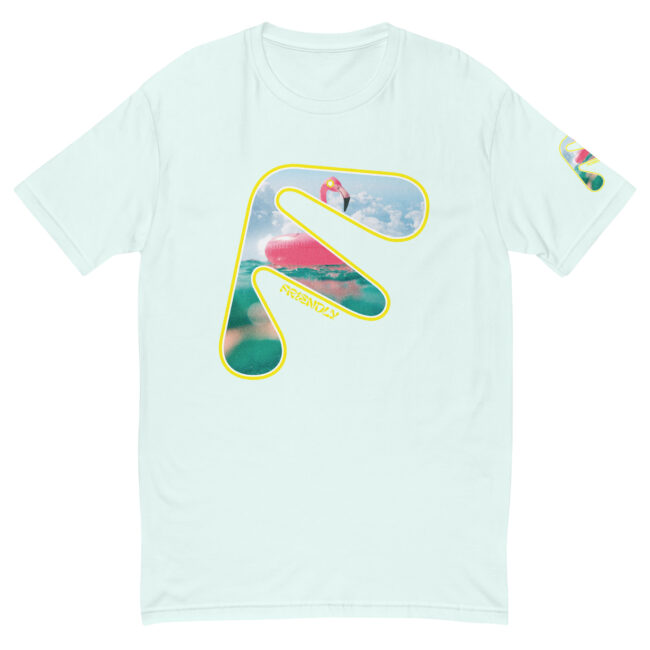 Light Blue Friendly Gear T-shirt with yellow logo outline and flamingo