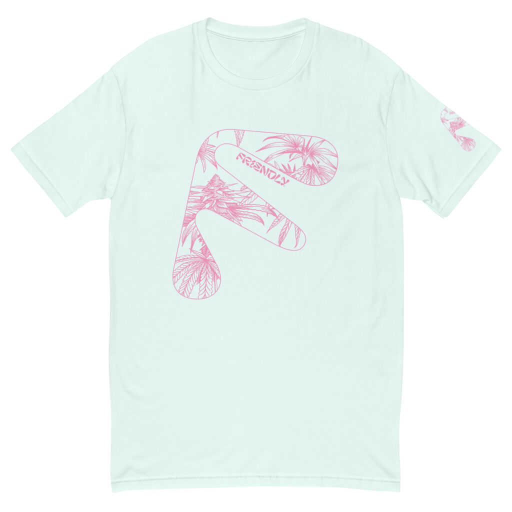 Light Blue Friendly Gear T-shirt with pink hemp flower