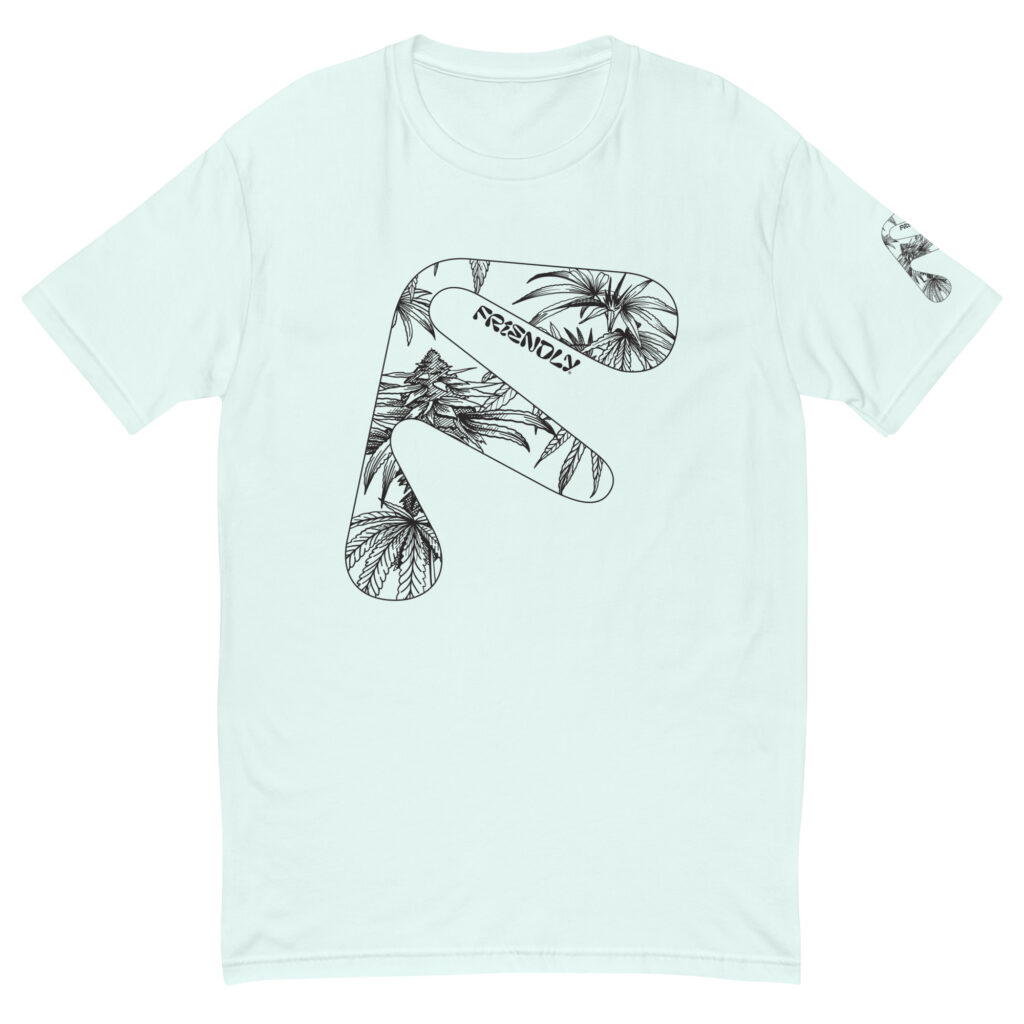 Light Blue Friendly Gear T-shirt with black hemp flower