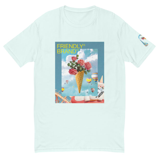 Light Blue Friendly Gear T-shirt with roses and hot air balloons