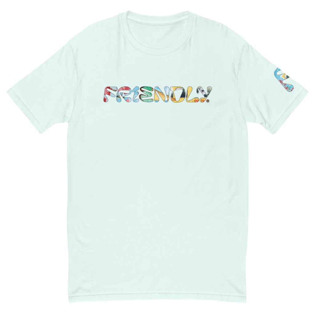 Light Blue Friendly Gear T-shirt with outlined logo and cheetah print ice cream truck