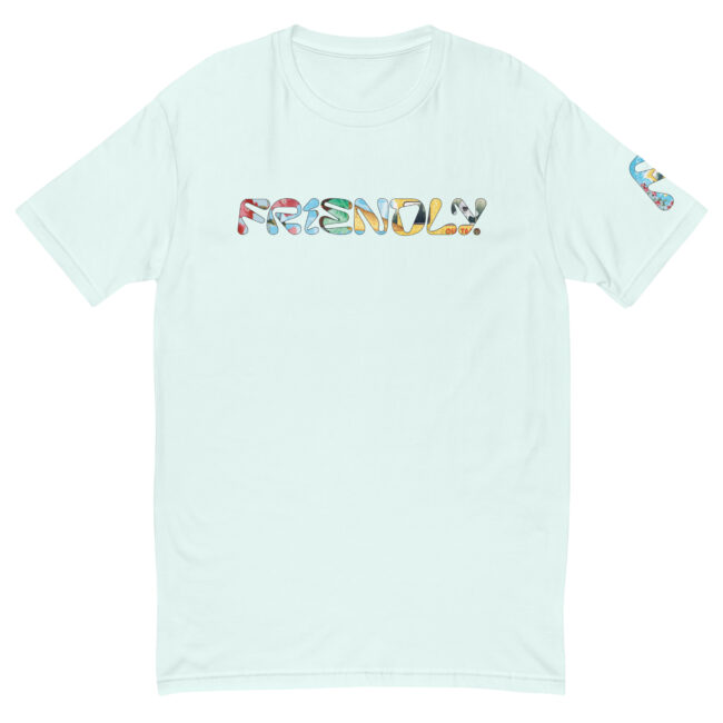 Light Blue Friendly Gear T-shirt with outlined logo and cheetah print ice cream truck