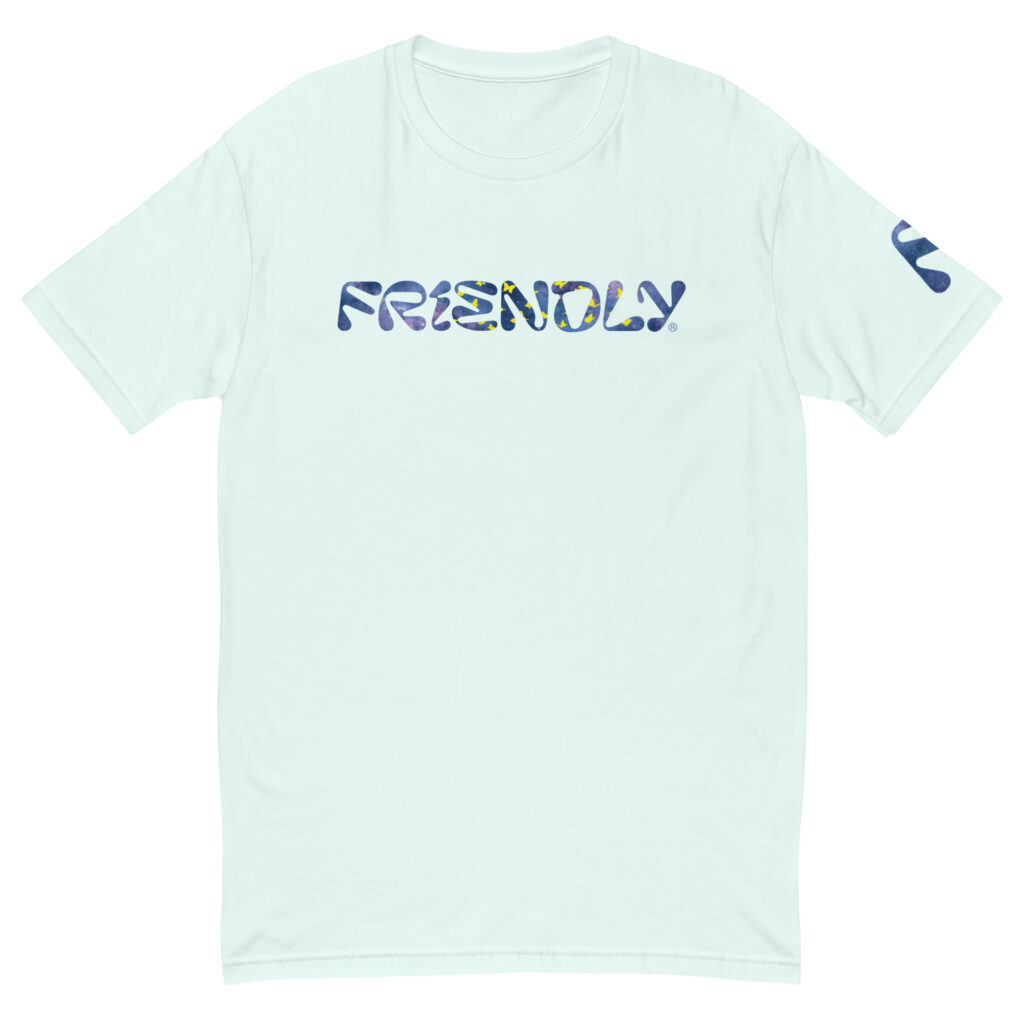 Light Blue Friendly Gear T-shirt with galaxy and butterflies