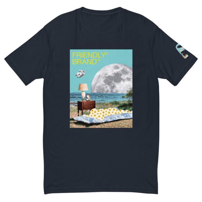 Navy Friendly Gear T-shirt with moon and sunbather collage