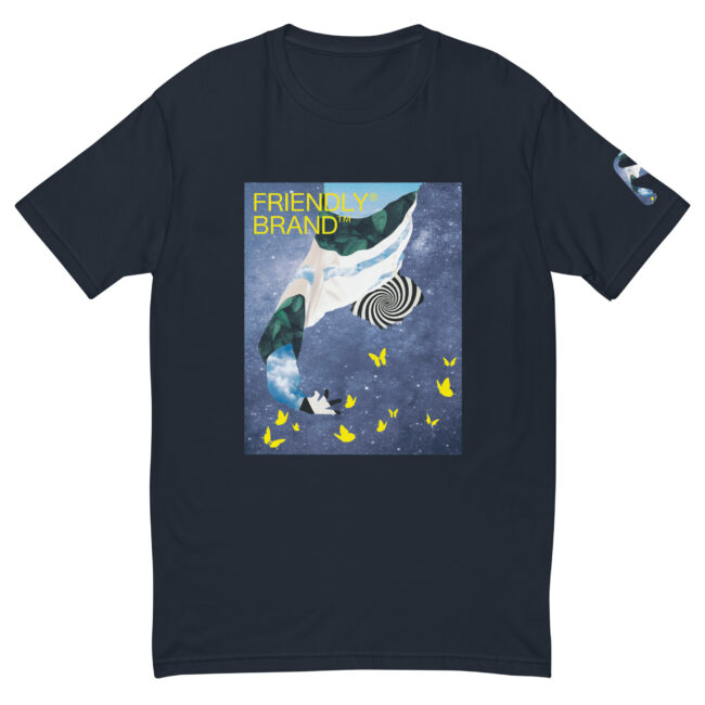 Navy Friendly Gear T-shirt with spiral, galaxy, and butterflies