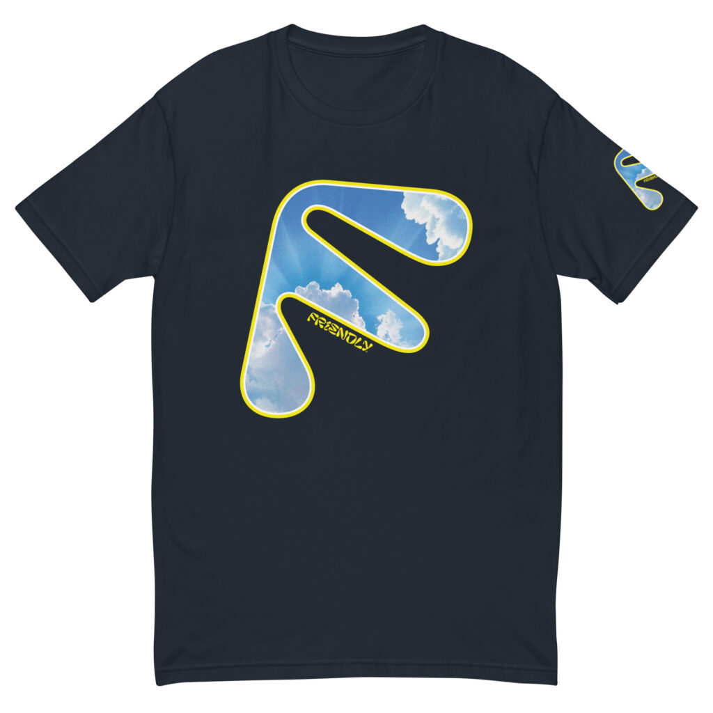 Navy Friendly Gear T-shirt with yellow logo outline and clouds