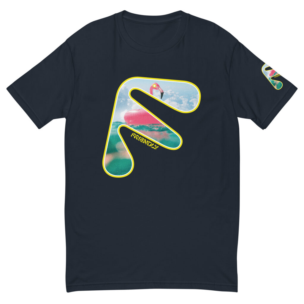 Navy Friendly Gear T-shirt with yellow logo outline and flamingo