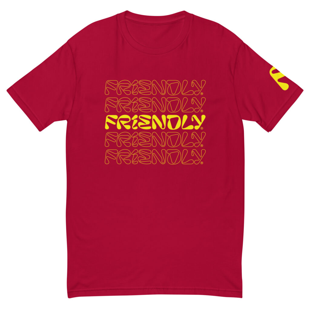 Red Friendly Gear T-shirt with logo outline