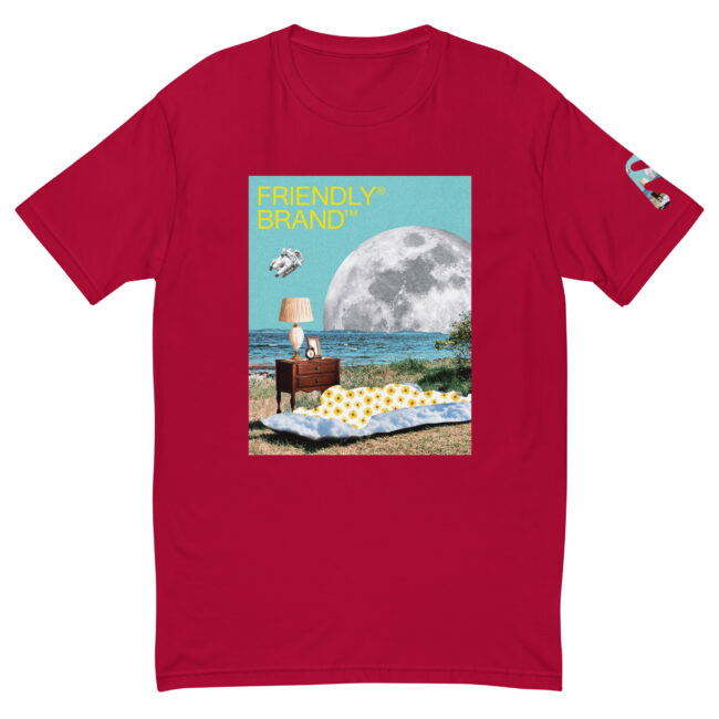 Red Friendly Gear T-shirt with moon and sunbather collage