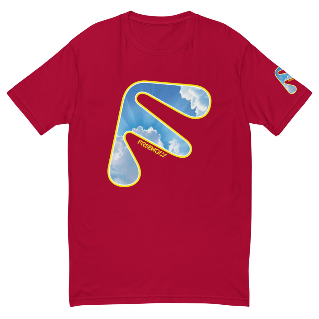 Red Friendly Gear T-shirt with yellow logo outline and clouds