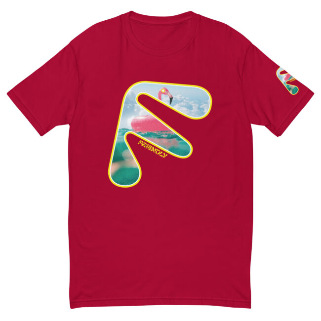 Red Friendly Gear T-shirt with yellow logo outline and flamingo