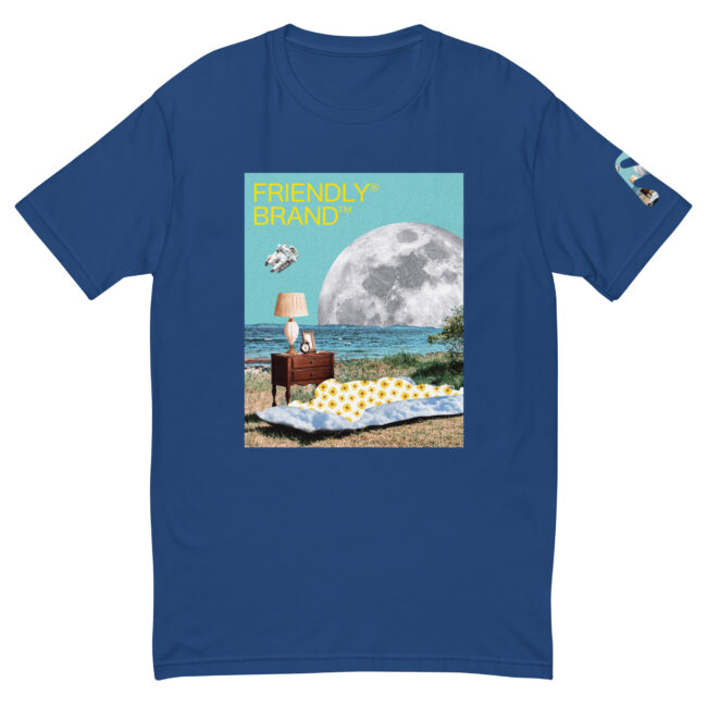 Blue Friendly Gear T-shirt with moon and sunbather collage