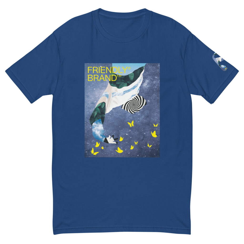 Blue Friendly Gear T-shirt with spiral, galaxy, and butterflies