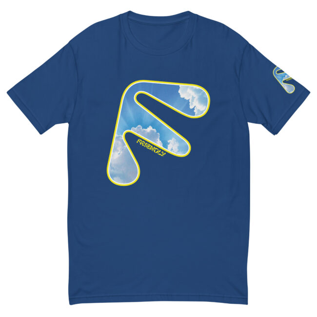 Blue Friendly Gear T-shirt with yellow logo outline and clouds