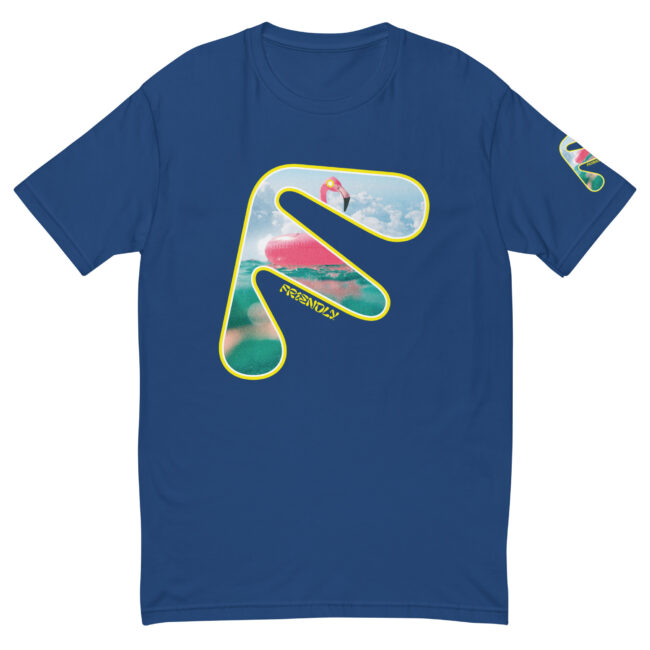 Blue Friendly Gear T-shirt with yellow logo outline and flamingo