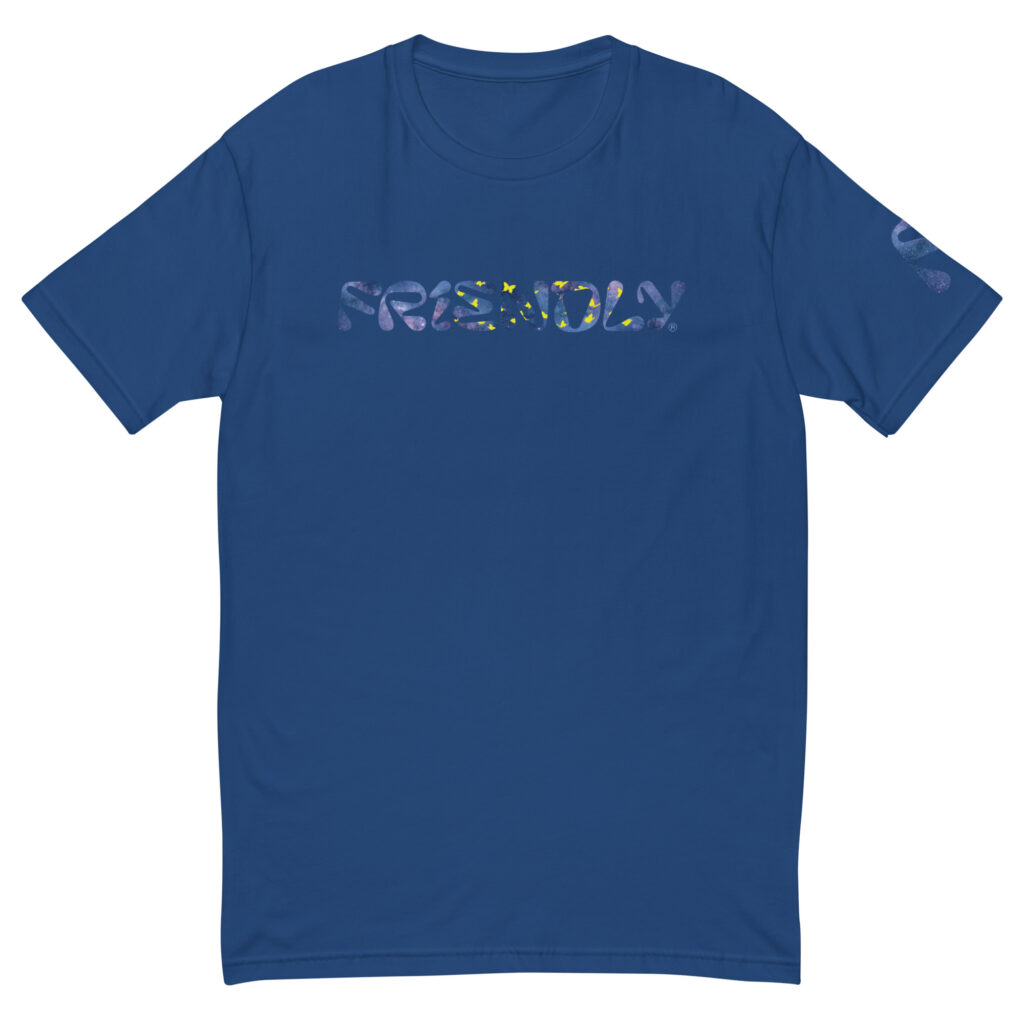 Blue Friendly Gear T-shirt with galaxy and butterflies