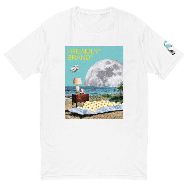 White Friendly Gear T-shirt with moon and sunbather collage