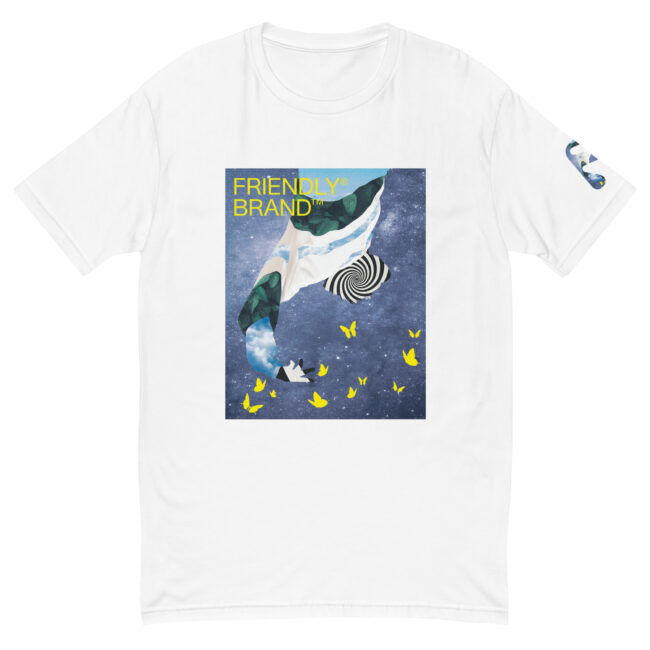 White Friendly Gear T-shirt with spiral, galaxy, and butterflies