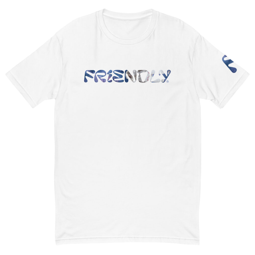 White Friendly Gear logo T-shirt with galaxy and astronaut