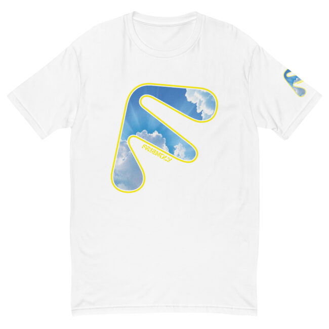 White Friendly Gear T-shirt with yellow logo outline and clouds