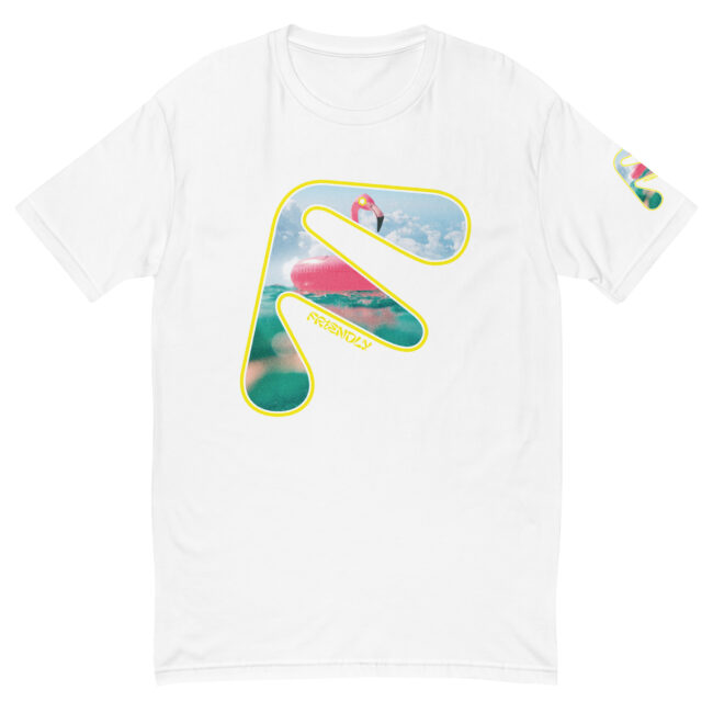 White Friendly Gear T-shirt with yellow logo outline and flamingo