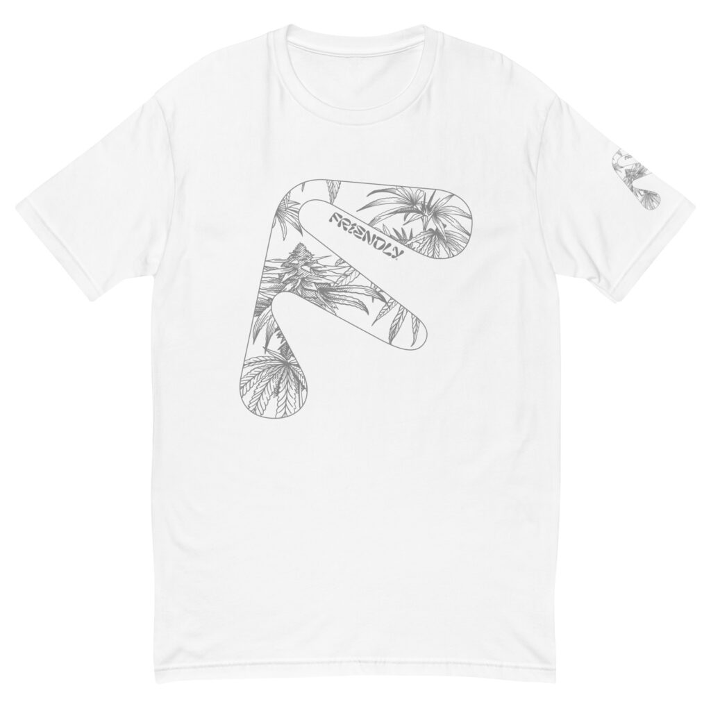 White Friendly Gear T-shirt with grey hemp flower