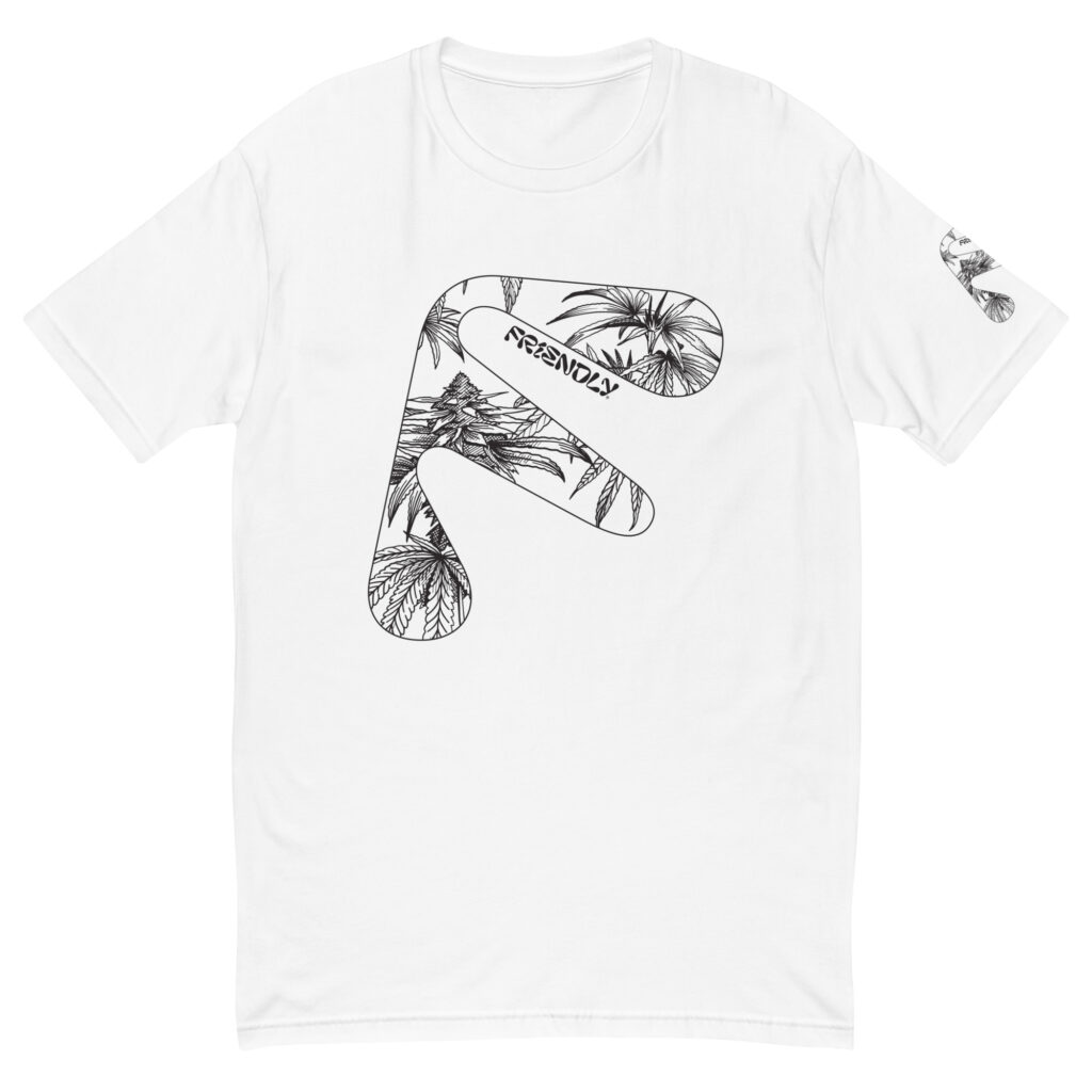 White Friendly Gear T-shirt with black hemp flower