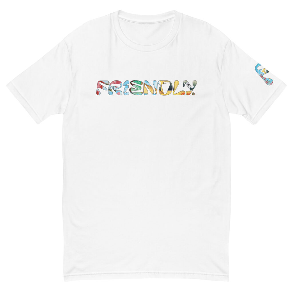 White Friendly Gear T-shirt with outlined logo and cheetah print ice cream truck