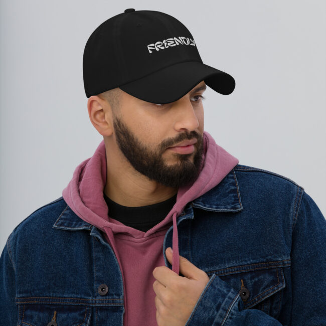 Male model wearing Black Friendly Gear Dad Hat - White