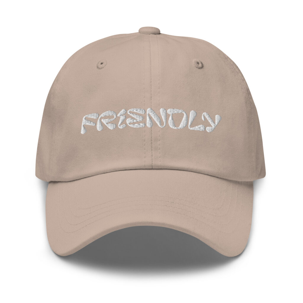 Beige Friendly Gear Dad Hat with logo - White