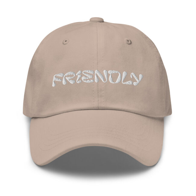 Beige Friendly Gear Dad Hat with logo - White