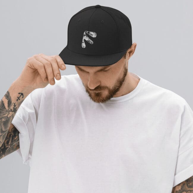 Male model wearing Black Friendly Gear Snapback Hat - White