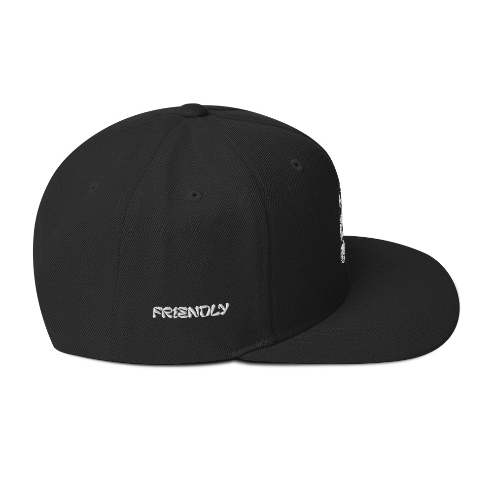 Black Friendly Gear Snapback Hat with logo - White