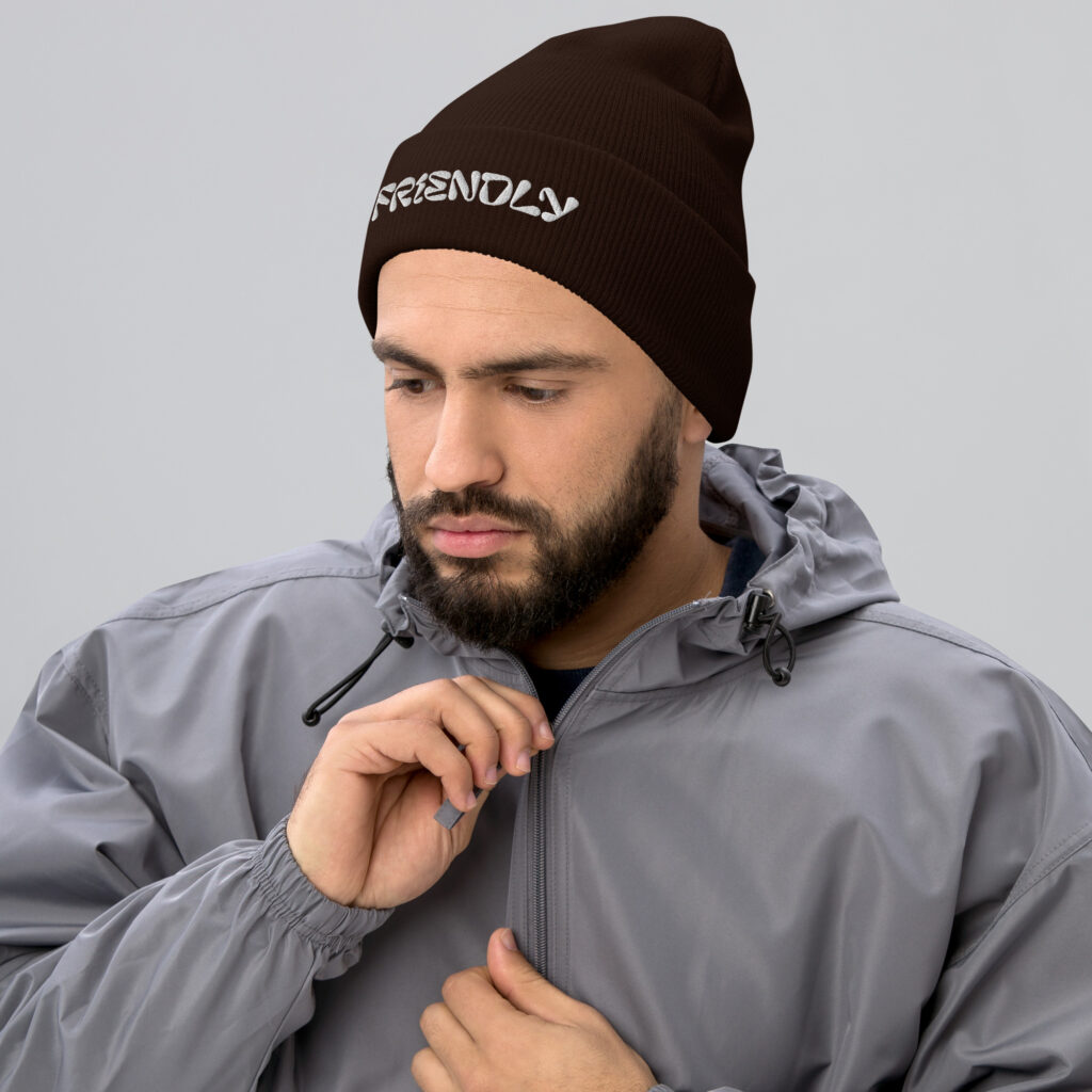 Male model wearing Black Friendly Gear Beanie - White